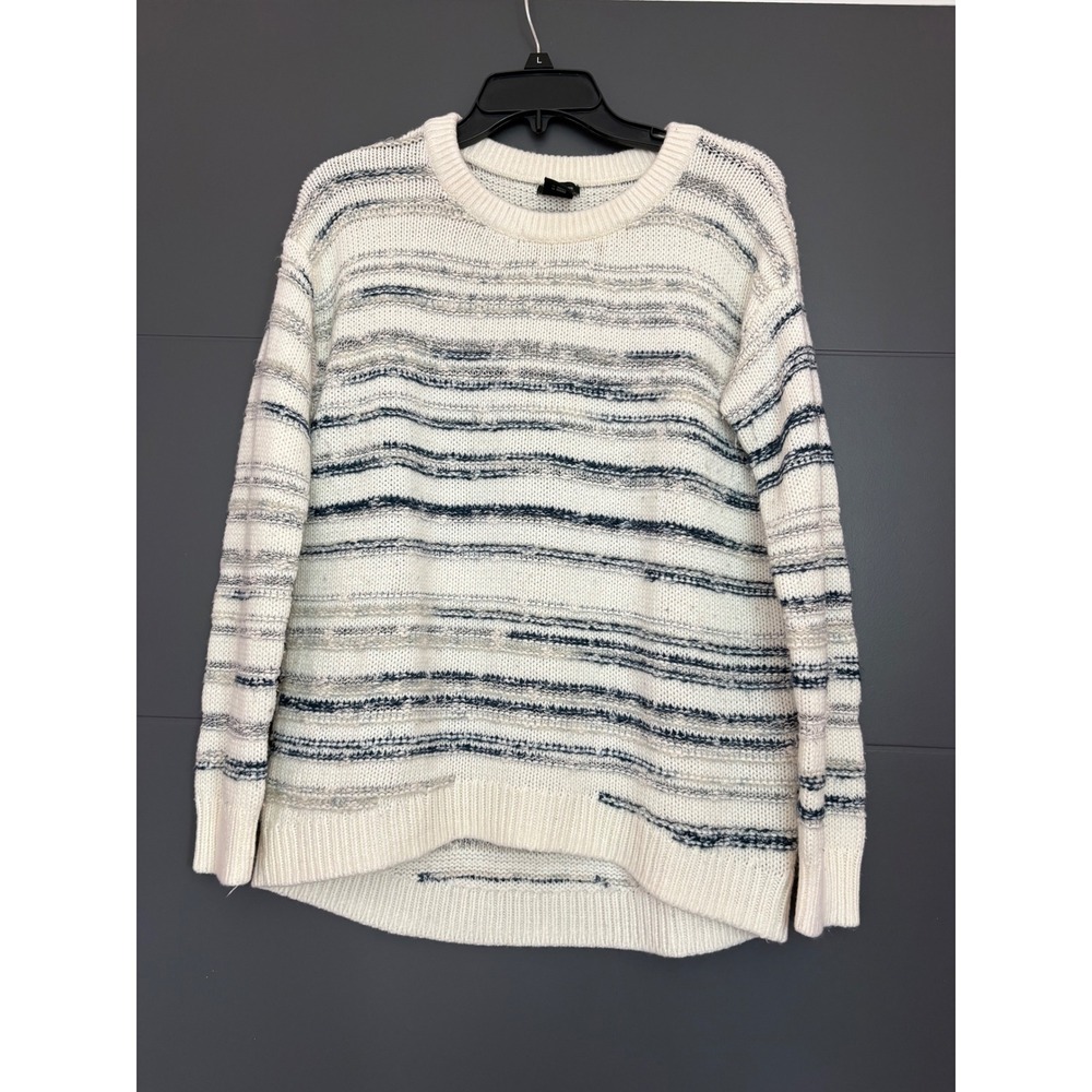Calvin Klein Jeans Striped Textured Knit Crewneck Sweater Cream Navy Womens M